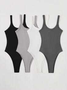 SHEIN BASICS 4pcs Set Casual Solid Color Knit Bodysuit For Women Black - Multicolor - View 1