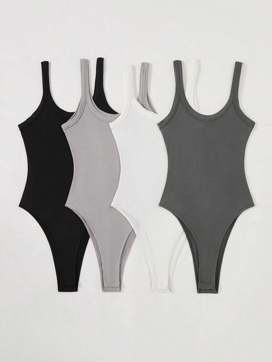 SHEIN BASICS 4pcs Set Casual Solid Color Knit Bodysuit For Women Black - Multicolor - View 1