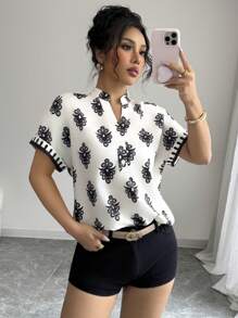 Elenzga Damen elegante Mode Pendler Lässig Urlaub Kurzarm locker geschnittene V-Ausschnitt bedruckte Bluse (zufällige Muster) - Aprikosenfarben - Übersicht 4