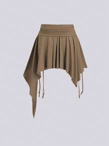 Sweetra 女士新款秋季西部牛仔风格海滩休闲抽绳腰部不对称荷叶边下摆迷你裙 Y2K - 卡其色 - 查看 2