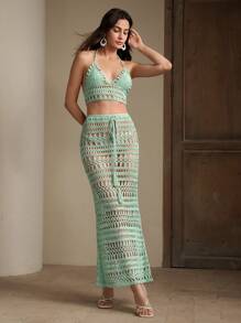 Anewsta 2 件套手工钩编镂空针织性感合身度假休闲套装，适合春夏季 - 薄荷綠 - 查看 5