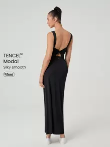 GLOWMODE Modal Silky Smooth Instep-Length Back Knot Square-Neck Wrap Maxi Dress Daily Casual Wear Removable Cups - Black - View 1