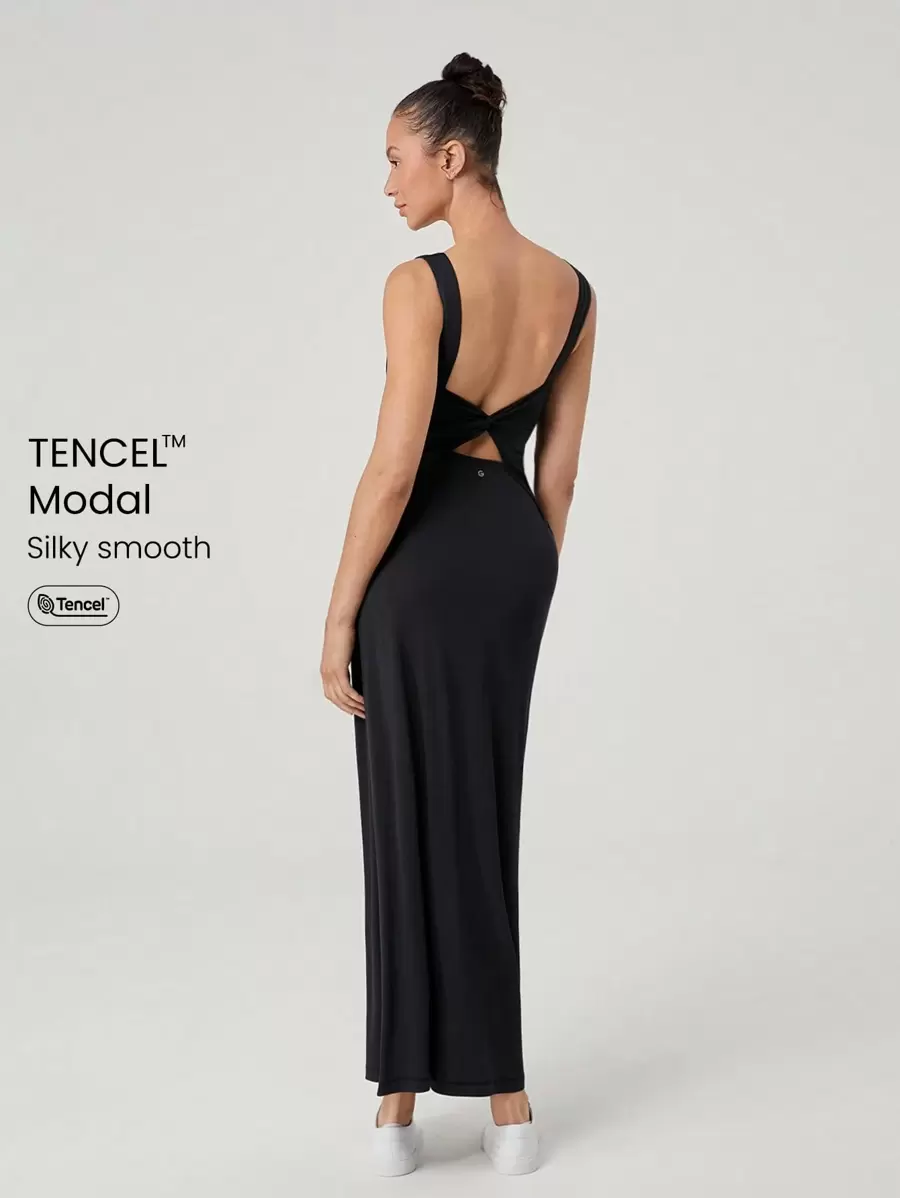 GLOWMODE Modal Silky Smooth Instep-Length Back Knot Square-Neck Wrap Maxi Dress Daily Casual Wear Removable Cups - Black - View 1