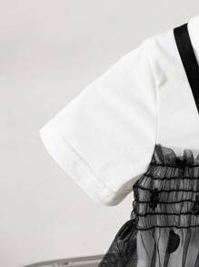 SHEIN 女婴休闲时尚波尔卡圆点网眼连衣裙，带褶饰细节，休闲风格 - 彩色 - 查看 4