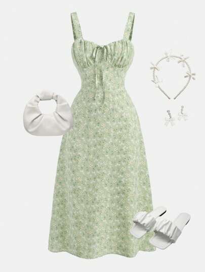 Girlism Teen Girl Ditsy Floral Print Tie Front Ruched Bust Valentine Day Green Cami Dress, Spring And Summer Are Suitable For Vacation, Festivals, Lunch, Music Festivals