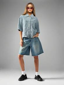 MISSGUIDED 超大牛仔衬衫夹克纽扣羽绒浅色水洗苦恼夏季春季裁剪顶级街头服饰节时尚声明件 - 淺色水洗藍 - 查看 5