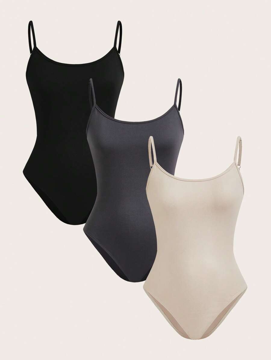 SHEIN BASICS 3 件装女士休闲基本款细肩带吊带紧身衣，适合夏季 - 彩色 - 查看 1