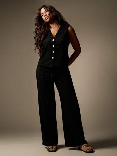 MISSGUIDED Women Broderie Anglais Co-Ord Set Sleeveless Button Front Top Wide Leg Pants Summer Vacation Resort Wear Elegant Two Pieces Outfit Set