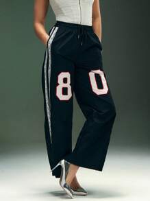 Denimoi Athletic Logo Lace Trim Pants - Black - View 1