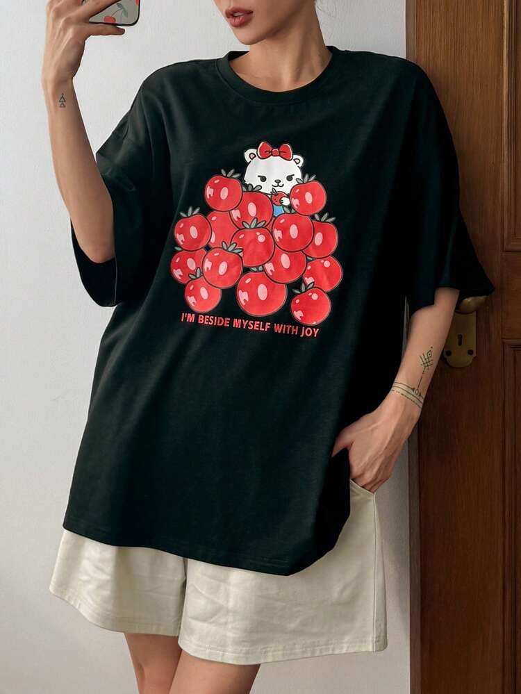 Cartoon Pattern Print Loose Short Sleeve & Short Pajamas Set For Women