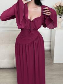Modelyn Vestido feminino cor sólida bordô decote coração manga flare, elegante - Violeta vermelha - Ver 5