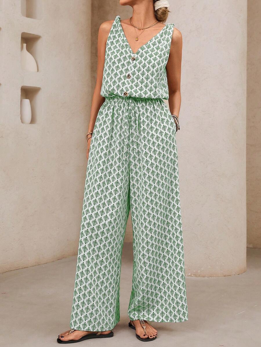 SHEIN VCAY Bộ đồ liền thân không tay in họa tiết cho nữ mặc đi nghỉ và thường ngày - màu xanh lá - Xem 1