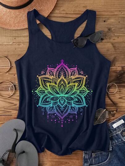 Attitoon Casual Women's Colorful Lotus Flower Graphic Racerback Tank Top, Suitable For Summer Back To School