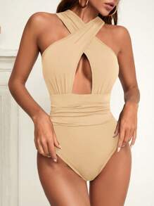 Allurite Women's Solid Color Sexy Cross Hollow Out Halter Bodysuit - Apricot - View 1