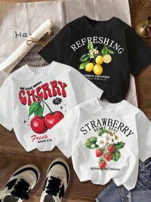 3pcs/Set Tween Girls' Cherry, Strawberry, Lemon Poster Style Print Round Neck T-Shirts, Suitable For Summer - Black - View 1