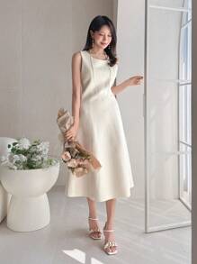 DAZY Einfarbiges Kleid mit rundem Ausschnitt und Perlen in Knielänge für Frauen, geeignet für Party, Date Night, Büro, Hochzeit - Beige - Übersicht 9