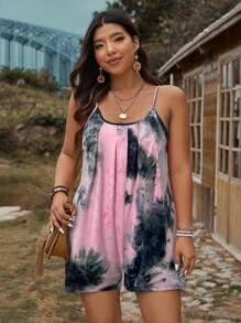 SHEIN LUNE Bộ đồ liền thân dây buộc họa tiết nhuộm loang cỡ lớn cho nữ - Hồng - Xem 4