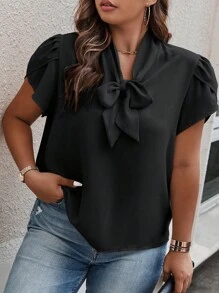 SHEIN Clasi Plus Size Women Solid Color Tie Collar Ruffle Sleeve Blouse - Black - View 5