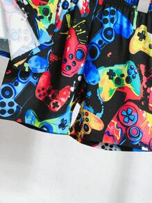 2pcs Young Boy Funny Cool Versatile Polo Collar Shirt With Shorts Summer Outfit - Multicolor - View 5