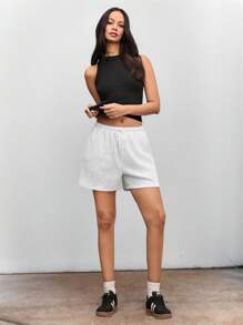 Mainfolk Unisex Casual Intarsia Knit Mid-Waist Fitted Solid Color Shorts, Suitable For Daily Wear - White - View 6