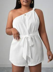 Slaydiva 2025 女式夏季休闲连体裤，百搭连体裤适合日常穿着、度假、邮轮旅行、海滩、日光浴，单肩扭腰，纹理面料，系腰，修身，白色 - 白色 - 查看 4