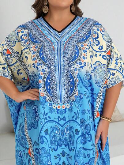 Al Najma Vestido de estilo árabe con mangas de murciélago y estampado floral para mujer de talla grande, adecuado para vacaciones