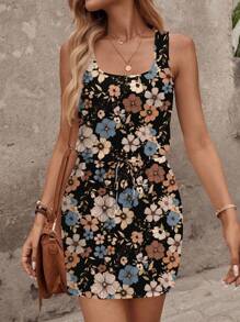 SHEIN LUNE Women Casual Retro Floral Pattern Short Dress, Suitable For Spring/Summer Boho Suitable For Going Out Chic Dress - Black - View 4