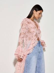 AiiRZ Delicate Lace Long Sleeve Ruffle Blouse Party Evening Wedding Guest Fashion Front Tie Crop Top Spring Summer Festival