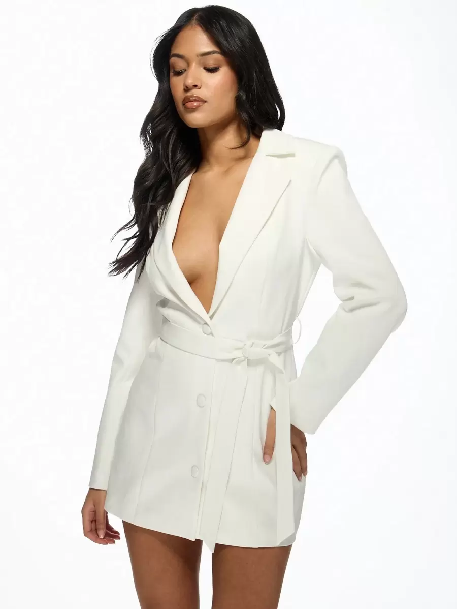 MISSGUIDED Elegant Blazer Mini Dress Long Sleeve Belted Wrap Business Professional Office Work Evening Party Lapel Designer Dress Wedding Reception Guest - White - View 1