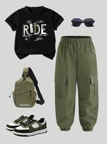 SHEIN Young Boy Letter Print Short Sleeve Tee And Drawstring Cargo Pants 2 Pieces Set - White - View 1