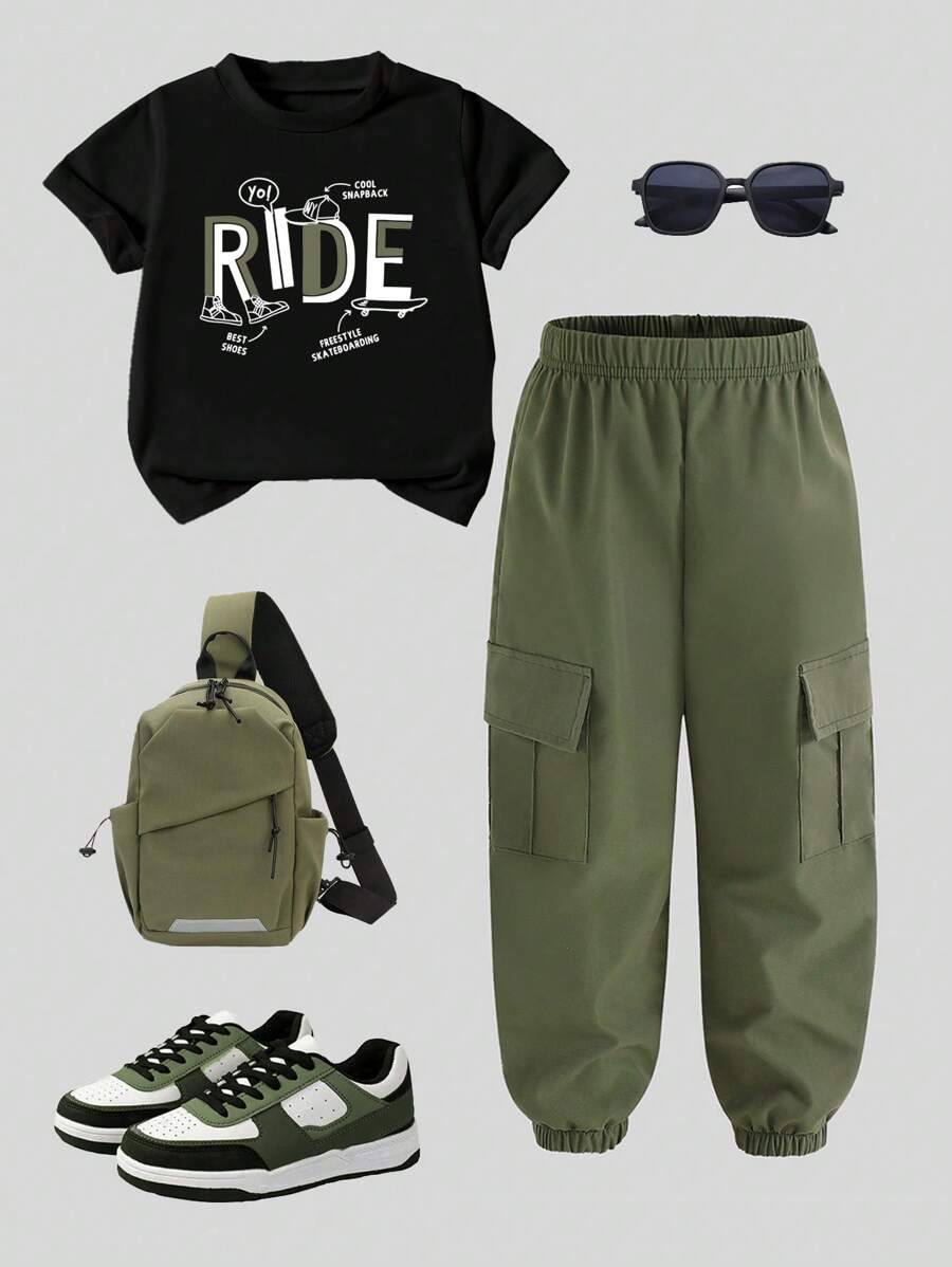 SHEIN Young Boy Letter Print Short Sleeve Tee And Drawstring Cargo Pants 2 Pieces Set - White - View 1