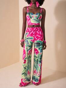 Zivah 2025 Summer New Music Festival, Easter, St. Patrick's Day, Western, Nomadic Style, Suitable For Wedding, Birthday Party, Graduation, Student, Daily Wear, Casual, Vacation, Cruise Travel, Beach, Sunbathing, Fashion, Wide Strap, Bodycon, Wide Leg Pants, Tropical Plant, Coconut Tree Print, Colorblock Women's 2 Pieces Set