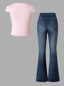 Lunivi 2er-Set für Teenager-Mädchen, lässig elegante Outfits, bestehend aus rosa kurzärmeliger Crop Top und Hose mit Blume Muster und 3D-Schleifendesign, für Frühling/Sommer/Herbst