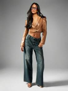 MISSGUIDED Cropped -Embossed Vegan Leather Blazer Spring Professional Office Interview Workwear Party Outerwear Chic Business Modern Woman Single Button Jacket - Mocha Brown - View 3