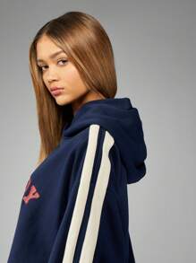 Missguided x Playboy Varsity Hoodie Sporty Retro Streetwear Classic Logo Drawstring Sweatshirt Autumn Winter Loungewear Pullover Casual Athletic Top - Royal Blue - View 3