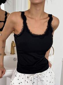 DAZY Women's Lace Patchwork Backless Built-In Padded Fitted Camisole Top - Black - View 2