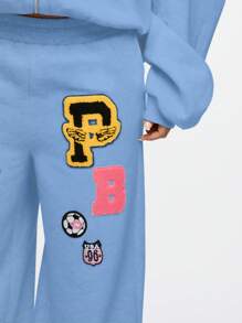 SUMWON WOMEN 带运动补丁的校园徽章慢跑运动裤秋季时尚休闲家居服运动运动裤啦啦队裤街头服饰下装 - 淺藍色 - 查看 3