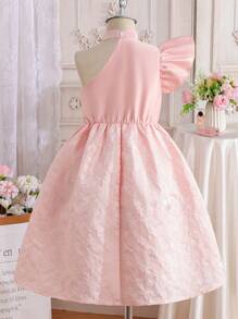 Elegant Asymmetric Stitching Double Layer Ruffle Sleeve Floral Decor Jacquard Fabric Pink Dress, Suitable For Party And Gathering In Spring And Summer - Pink - View 2