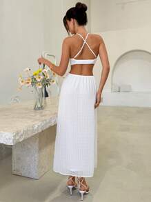 SHEIN VCAY 度假腰部镂空露背高开叉休闲纹理无袖吊带裙