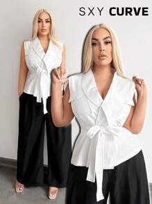 SHEIN SXY Plus Size Vrouwen Sexy Streetwear Gyanu Y2K Revers Kraag Borstzak Decor Mouwloos Strik Taille Vest, Geschikt Voor Dagelijkse Kleding, Zakelijk, Eenvoudig, Woon-werkverkeer, Elegant, Casual, Winkelen, Streetwear, Uitgaan, Gemakkelijk Te Combineren & Ziet Er Slank Uit, Accentueert Uw Lichaam, Flatteert Uw Figuur
