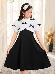 Tween-Mädchen 2-teiliges lässiges Set aus kurzem Hemd und Kleid mit Kragen, Rüschen und Schmetterlingsdekor, bequem und minimalistisch