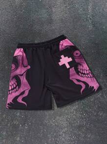 Manfinity Streetrush Shorts casuales para hombre Manfinity Streetrush con estampado de calavera, bolsillos delanteros con cordón, diseño minimalista
