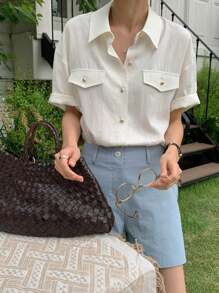 DAZY Women's Regular Collar Casual Solid Color Blouse - Apricot - View 3