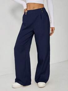 SHEIN PETITE Women's Elegant Double Button Straight Office Pants