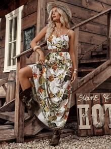 LanaWest Women's Plant Printed Ruffle Hem Spaghetti Strap Dress Maxi Women Outfit - Multicolor - View 4