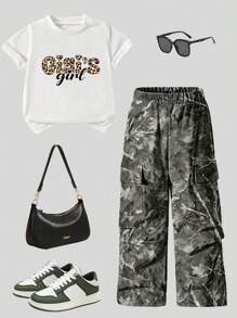 Young Girl - Leopard Print Letter Graphic Crew Neck Short Sleeve T-Shirt & Tree Branch Print Cargo Pants Set