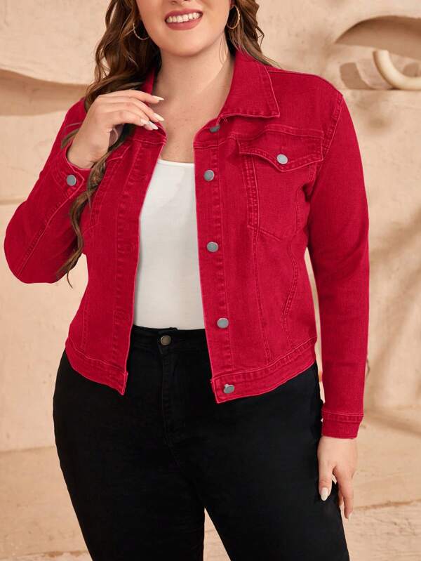 EMERY ROSE Plus Size Women's Long Sleeve Single-Breasted Casual Denim Jacket Festival Outfits Elegant Elegant Outfit