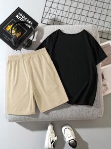 2 szt. Chłopięcy casualowy, prosty, okrągły dekolt, krótki rękaw, T-shirt i spodenki, odpowiedni na lato