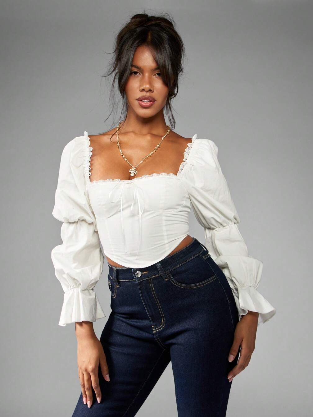 MISSGUIDED Milkmaid Corset Puff Sleeve Square Neck Blouse｜MISSGUIDED