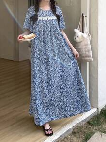 SHEIN 少女休闲日式风格碎花荷叶边袖圆领蕾丝边睡袍、家居服 - 淺藍色 - 查看 5